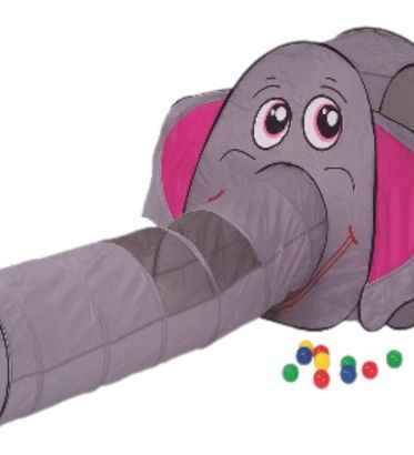 خيمة لعب أطفال على شكل فيل من Ultra Toys مع نفق طويل يشبه الجذع وكرات ملونة، مثالية للحضانات وتنمية المهارات الحركية.